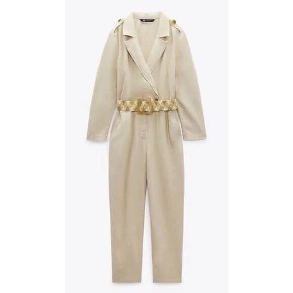 ZARA linen blend belted long sleeve jumpsuit 2157/057 A5 size small - Picture 2 of 9